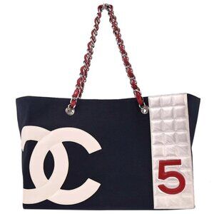 Chanel Navy Silver Canvas No.5 Choco Bar Tote Handbag